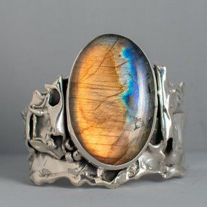 Labradorite & Sterling Silver Cuff Bracelet, 2", Vintage Patina